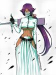  1girl absurdres artist_name belt black_belt black_gloves bleach breasts commentary cosplay dark-skinned_female dark_skin deviantart_logo english_commentary facial_mark gloves highres holding holding_sword holding_weapon instagram_logo large_breasts long_hair long_sleeves mask midriff navel patreon_logo ponytail purple_hair revealing_clothes shihouin_yoruichi simple_background skull_mask solo stomach sword teiwicked tier_harribel tier_harribel_(cosplay) twitter_logo underboob weapon white_background yellow_eyes 