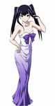  adjusting_hair arm bare_shoulders black_hair blush collarbone dress flat_chest green_eyes hand_on_hip ikkitousen long_hair looking_at_viewer neck official_art ribbon saji_genpou_(true) simple_background smile solo strapless strapless_dress twintails white_background 