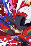  1boy absurdres black_coat black_hat black_shoes chibi chibi_only coat commentary covered_mouth dracule_mihawk eye_trail facial_hair full_body hanamaki hat highres holding holding_sword holding_weapon light_trail male_focus mustache one_piece pants purple_pants red_background ringed_eyes shoes slicing solo sword tomato v-shaped_eyebrows weapon yellow_eyes 