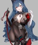  1girl absurdres ankle_strap asymmetrical_gloves azur_lane black_gloves black_shoes blue_hair breasts brown_pantyhose cleavage crossed_legs elbow_gloves english_commentary gloves highres holding holding_leash leash long_hair marco_polo_(azur_lane) mark_under_eye medium_breasts mismatched_gloves pantyhose pov puffy_short_sleeves puffy_sleeves red_eyes shishiria shoes short_sleeves sitting small_horns very_long_hair viewer_on_leash white_gloves zettai_ryouiki 