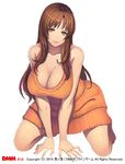  all_fours bad_id bad_pixiv_id bare_shoulders barefoot blush breasts brown_eyes brown_hair character_request cleavage dress kneeling large_breasts light_smile long_hair mature orange_dress othel_(hatimorris) otoko_no_itadaki solo v_arms 
