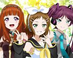  &gt;:) :d a-rise bad_id bad_pixiv_id blue_eyes bow brown_hair cosplay detached_sleeves green_eyes grin hair_bow hair_ornament hairclip hatsune_miku hatsune_miku_(cosplay) headset kagamine_rin kagamine_rin_(cosplay) kira_tsubasa love_live! love_live!_school_idol_project maguroido megurine_luka megurine_luka_(cosplay) mole mole_under_eye multiple_girls necktie open_mouth purple_eyes purple_hair red_hair sailor_collar smile toudou_erena twintails upper_body v v-shaped_eyebrows vocaloid yuuki_anju 