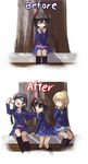  ^_^ anger_vein ayase_eli before_and_after black_hair black_legwear blazer blonde_hair blue_eyes bow closed_eyes commentary eating hair_bow jacket lonely love_live! love_live!_school_idol_project multiple_girls obentou otonokizaka_school_uniform pout purple_hair red_eyes school_uniform scrunchie shipii_(jigglypuff) sitting skirt thighhighs toujou_nozomi tree twintails yazawa_nico 