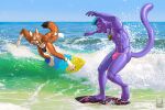 2025 4_toes 5_fingers abs anklet anthro arm_outstretched artist_logo artist_name balancing barefoot biped black_claws black_markings black_nose black_pawpads blue_eyes blue_hair bracelet bright_colors brown_body brown_fur bruma_(rinzazen) bulge canid canine canis cheek_tuft claws clothing crotch_tuft dated day detailed detailed_background digitigrade dipstick_tail duo ethiopian_wolf facial_tuft feet felid fingers fluffy fluffy_tail fur hair hand_above_head happy hi_res inner_ear_fluff jewelry jonah_(jonahpanther) leaning leaning_forward logo long_tail looking_at_another looking_down male mammal markings multicolored_body multicolored_fur muscular muscular_anthro muscular_male navel necklace on_one_leg open_mouth outside pantherine pawpads paws pecs plantigrade purple_body purple_eyes purple_fur retractable_claws sea serratus shaded sharp_teeth sky smile snout speedo splash sport standing surfboard swimwear tail tail_markings teeth text tight_clothing toe_claws toes tongue tuft two_tone_body two_tone_fur url vallhound water wet white_body white_fur wolf