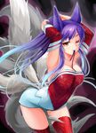  adjusting_hair ahri alternate_costume animal_ears blue_hair breasts detached_sleeves floral_print fox_ears fox_tail gradient_hair hair_between_eyes highres kod0415 korean_clothes large_breasts league_of_legends long_hair looking_at_viewer multicolored_hair multiple_tails off_shoulder one_eye_closed orange_eyes ponytail red_legwear slit_pupils solo tail thighhighs two-tone_hair tying_hair zettai_ryouiki 