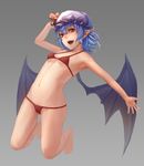  arm_up armpits bare_shoulders barefoot bat_wings bikini blue_hair breasts full_body gradient gradient_background grey_background hat hat_ribbon looking_at_viewer midriff minami_koyogi mob_cap navel open_mouth outstretched_arm panties pointy_ears red_eyes remilia_scarlet ribbon short_hair simple_background slit_pupils small_breasts smile solo swimsuit touhou underwear wings 