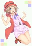  blue_eyes blue_neckwear blue_ribbon blush boots brown_hair coat full_body fuuma_(humawww) hat neck_ribbon open_clothes open_coat open_mouth pokemon pokemon_(anime) ribbon serena_(pokemon) short_hair shorts skirt skirt_set sleeveless_duster solo 