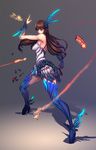  ankle_wings blue_footwear boots breasts brown_hair character_request feathers fighting_stance full_body hair_feathers high_heel_boots high_heels highres large_breasts long_hair othel_(hatimorris) solo thigh_boots thighhighs vambraces 