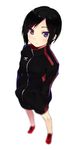  black_hair blurry blush depth_of_field gomashi_(goma) hands_in_pockets jersey looking_at_viewer original purple_eyes shirt shorts solo 