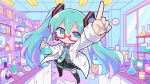  1girl absurdres aqua_eyes aqua_hair aqua_nails aqua_necktie black_shoes black_skirt blue_nails boots box chibi clock closed_mouth coat collared_shirt commentary_request flask glasses grey_shirt hatsune_miku highres holding holding_flask lab_coat laboratory long_hair looking_at_viewer microscope necktie no_nose paper petri_dish pipette red-framed_eyewear richard_(richaball) semi-rimless_eyewear shelf shirt shoes skirt smile solo thigh_boots tie_clip twintails very_long_hair vial vocaloid white_coat 