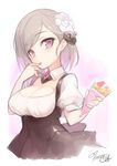  aya-chan_(minoa) breasts cleavage crepe detached_collar finger_licking flower food hair_bun hair_flower hair_ornament large_breasts licking looking_at_viewer minoa_(lastswallow) original purple_eyes short_hair silver_hair simple_background solo tongue tongue_out white_background 