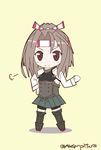  &gt;:) brown_eyes brown_hair chibi cosplay hair_ribbon headband highres kantai_collection looking_at_viewer mae_(maesanpicture) pleated_skirt ponytail ribbon skirt smile solo taihou_(kantai_collection) taihou_(kantai_collection)_(cosplay) twitter_username uniform v-shaped_eyebrows zuihou_(kantai_collection) 