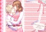  1girl 2014 argyle argyle_background bad_id bad_pixiv_id blonde_hair blue_eyes bow brown_hair chef_uniform couple cover cover_page crescent crescent_hair_ornament dated doujin_cover eye_contact gem hair_ornament hetero hug jewelic_nightmare looking_at_another pink_background pink_bow pink_skirt short_hair skirt smile sumeragi_seiichirou tsukishiro_michiru yellow_eyes yuuna_minato 