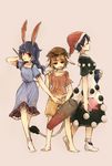  ambiguous_red_liquid animal_ears barefoot blonde_hair blue_dress blue_hair bunny_ears dango doremy_sweet dream_soul dress ear_clip eating flat_cap floppy_ears food hat highres hisona_(suaritesumi) kine legacy_of_lunatic_kingdom mallet midriff multiple_girls navel orange_shirt ponytail print_dress puffy_short_sleeves puffy_shorts puffy_sleeves purple_hair red_eyes ringo_(touhou) seiran_(touhou) shirt short_sleeves shorts skewer socks stain tail tapir_tail touhou wagashi 