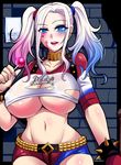  belt blue_eyes blue_hair bracelet breasts candy dc_comics food harley_quinn jewelry large_breasts lollipop long_hair megane_man multicolored_hair navel pink_hair raised_eyebrow shirt short_shorts shorts solo spiked_bracelet spikes studded_belt suicide_squad torn_clothes torn_shirt twintails underboob 
