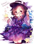  bow brown_eyes brown_hair character_name glasses hat hat_bow hiyoko_no_tataki low_twintails open_mouth plaid plaid_skirt plaid_vest red-framed_eyewear skirt smile solo star touhou twintails usami_sumireko vest wand 