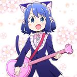  animal_ears bad_id bad_pixiv_id bell blue_eyes blue_hair blush bow cat_ears cat_tail cyan_(show_by_rock!!) dress drill_hair fang guitar heart heart_guitar instrument jingle_bell maid_headdress nekotoufu short_hair show_by_rock!! smile solo strawberry_heart tail 