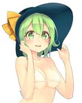  ameyame bad_id bad_pixiv_id bare_shoulders bikini_top blush breasts cleavage collarbone eyebrows_visible_through_hair green_eyes green_hair hair_between_eyes hands_on_headwear hands_up hat hat_ribbon highres hot komeiji_koishi korean looking_at_viewer medium_breasts ribbon shiny shiny_skin short_hair signature simple_background skindentation solo sweat touhou white_background yellow_ribbon 