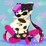  1girl aori_(splatoon) biting cat character_name closed_eyes directional_arrow ear_biting earrings fang hug hug_from_behind jajji-kun_(splatoon) jewelry mole mole_under_eye noshika paint_splatter pantyhose pink_legwear pointy_ears short_jumpsuit sitting smile splatoon_(series) splatoon_1 tentacle_hair tentacles yellow_eyes 