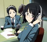  1girl black_hair blush bob_cut durarara!! glasses headphones microphone nyoro_(nyoronyoro000) recording_studio ryuugamine_mikado school_uniform short_hair sonohara_anri 