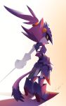  1girl absurdres animal_ears armor armored_boots armored_dress blaze_the_cat boots breasts cat_ears cat_girl cat_tail commentary dress english_commentary from_behind furry furry_female glowing glowing_eyes highres holding holding_sword holding_weapon knight no_lineart painterly percival_(sonic) purple_fur purple_hair rapier simple_background slim_(sl1m_skull) small_breasts solo sonic_(series) sonic_and_the_black_knight standing sword tail topknot weapon 
