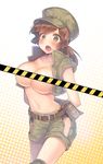  belt black_panties blush breasts brown_eyes brown_hair censored fio_germi g.t hat jacket knee_pads large_breasts legs long_hair metal_slug navel open_clothes open_jacket open_mouth panties ponytail pouch short_shorts shorts snk solo thighs underwear 