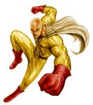  bald boots cape frown full_body gloves male_focus no_eyebrows one-punch_man red_footwear red_gloves saitama_(one-punch_man) simple_background solo tsunetarou_(yasu) white_background zipper 