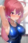  1girl armpits blue_one-piece_swimsuit blush breasts dorachan_r hair_ribbon hair_tie highres i-168_(kancolle) indoors kantai_collection long_hair medium_breasts mouth_hold one-piece_swimsuit ponytail red_eyes red_hair ribbon school_swimsuit sweat swimsuit twitter_username window 