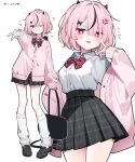  1girl :d absurdres ahoge anger_vein bag black_hair black_shoes black_skirt blush blush_stickers bow bowtie breasts cardigan closed_mouth collared_shirt commentary_request full_body hair_ornament hair_over_one_eye heart heart-shaped_pupils highres holding holding_bag leg_warmers loafers long_sleeves looking_at_viewer loose_socks multicolored_hair multiple_views open_cardigan open_clothes original pink_cardigan pink_hair plaid_clothes plaid_skirt pleated_skirt red_bow red_bowtie red_eyes school_uniform shirt shirt_tucked_in shoes short_hair simple_background skirt smile socks standing streaked_hair symbol-shaped_pupils tongue tongue_out v waka_(wk4444) white_background white_leg_warmers white_shirt x_hair_ornament 