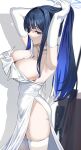  1girl absurdres armpits arms_up blue_archive blue_eyes blue_hair breasts choker cleavage dress elbow_gloves from_side garter_straps gloves highres ito_(ito577) large_breasts mouth_hold official_alternate_costume ribbon ribbon_in_mouth saori_(blue_archive) saori_(dress)_(blue_archive) solo thighhighs tying_hair white_choker white_dress white_garter_straps white_gloves white_thighhighs 