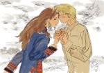  1boy 1girl blonde_hair brown_hair cloud cloudy_sky collared_shirt dark-skinned_female dark_skin ear_piercing earrings glasses grass hand_on_another&#039;s_hand henry_smith_(otoyomegatari) highres holding_hands jewelry karakalpak_clothes long_hair o-ring otoyomegatari piercing ring shirt sky talas_(otoyomegatari) user_zecg5533 wedding_ring 
