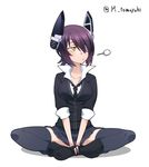  checkered checkered_neckwear crossed_legs eyepatch fingerless_gloves gloves headgear kantai_collection necktie purple_hair short_hair sitting solo tenryuu_(kantai_collection) thighhighs tomoyohi twitter_username yellow_eyes 