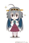  &gt;:) ahoge alternate_costume alternate_hairstyle black_eyes bow bowtie chibi cosplay double_bun grey_hair headgear highres kantai_collection kiyoshimo_(kantai_collection) kongou_(kantai_collection) kongou_(kantai_collection)_(cosplay) long_hair looking_at_viewer mae_(maesanpicture) pantyhose school_uniform smile solo sparkle twitter_username v-shaped_eyebrows 