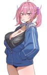  1girl ahoge black_shirt blue_buruma blue_jacket blush bow bow_(bhp) breasts buruma cleavage closed_mouth collarbone hair_bow hands_in_pockets highres jacket large_breasts lollipop_in_mouth long_hair long_sleeves looking_at_viewer no_pants original pink_bow pink_eyes pink_hair shirt simple_background solo thighs track_jacket twintails white_background 