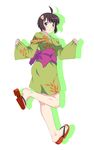  ahoge akou_(phoenix777) araragi_tsukihi bakemonogatari blush error fried_egg full_body japanese_clothes jpeg_artifacts kimono monogatari_(series) nisemonogatari short_hair smile solo standing standing_on_one_leg wrong_feet 