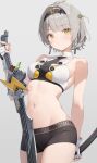  1girl anby_demara anby_demara_(silver_soldier) bare_shoulders black_hairband black_shorts blush breasts fingerless_gloves gloves grey_hair hairband looking_at_viewer medium_breasts navel orange_eyes short_hair short_shorts shorts solo sports_bra sword thighs weapon white_sports_bra yahako zenless_zone_zero 
