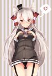 amatsukaze_(kantai_collection) anger_vein angry blush breast_suppress brown_eyes dress garter_straps hair_tubes hairband kantai_collection kotatsu_neneko long_hair looking_at_viewer panties sailor_dress short_dress silver_hair solo striped striped_background two_side_up underwear vertical-striped_background vertical_stripes windsock 