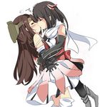  appei_(555) black_gloves blush brown_hair closed_eyes elbow_gloves gloves hair_ribbon hug jintsuu_(kantai_collection) kantai_collection kiss long_hair multiple_girls remodel_(kantai_collection) ribbon scarf sendai_(kantai_collection) short_hair simple_background tears white_background white_scarf yuri 