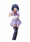  bashoku_youjou blue_hair blush breasts female hair_ribbon ikkitousen large_breasts legs looking_at_viewer parted_lips purple_eyes ribbon short_twintails skirt smile solo standing thighhighs twintails 