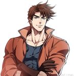  battle_tendency blue_eyes brown_hair closed_mouth crossed_arms gloves jacket jojo_no_kimyou_na_bouken joseph_joestar_(young) kuren male_focus red_jacket simple_background smile solo white_background 