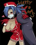  1girl black_background blue_hair body_bag breasts choker christmas cleavage collarbone cowboy_shot fur_trim gloves hat heart large_breasts long_hair lowres mask nurse nurse_cap ponytail red_eyes red_gloves santa_costume simple_background skull skullgirls solo surgical_mask symbol-shaped_pupils toi_(toiot) valentine_(skullgirls) 