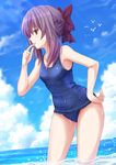  bow brown_eyes cloud day hair_bow hair_up half_updo hand_on_hip highres hiiragi_shinoa kazenokaze one-piece_swimsuit owari_no_seraph purple_hair ribbon school_swimsuit sky smile solo standing swimsuit wading water wet wet_clothes wet_swimsuit 