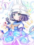  1girl animal_ears_helmet animal_helmet birthday_cake blue_archive blue_eyes cake food green_halo halo happy_birthday helmet highres hyakucha looking_at_viewer neckerchief party_popper purple_hair saki_(blue_archive) school_uniform serafuku yellow_neckerchief 