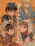  2boys 2girls absurdres amir_halgal bag black_hair brown_hair closed_mouth dress ear_piercing earrings glasses handbag hat henry_smith_(otoyomegatari) highres jewelry karakalpak_clothes karluk_eihon looking_at_viewer multiple_boys multiple_girls necklace open_mouth otoyomegatari piercing red_dress smile talas_(otoyomegatari) user_zecg5533 uzbek_clothes white_background 