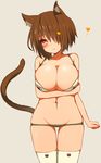  animal_ears animal_print bikini blush breast_hold breasts brown_hair cat_ears cat_print cat_tail hair_over_one_eye heart highres large_breasts original paw_print red_eyes ruiten short_hair simple_background smile solo swimsuit tail thigh_gap thighhighs white_legwear 