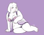  blush boss_monster bra breasts caprine cleavage clothed clothing female floppy_ears fur goat happy lingerie mammal multi_nipple navel nipples partially_clothed slightly_chubby smile sweat toriel undertale underwear video_games white_fur yokoshimako 