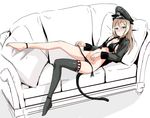  animal_ears barefoot bikini bikini_pull black_bikini black_legwear blonde_hair blush breasts cat_ears cat_tail cleavage couch cropped_jacket gonzui_(hojo) green_eyes groin hat heinrike_prinzessin_zu_sayn-wittgenstein iron_cross long_hair long_sleeves lying medium_breasts navel no_shoes noble_witches non-web_source on_back peaked_cap single_thighhigh solo source_request swimsuit tail thighhighs world_witches_series 