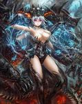  blue_hair breasts crown fantasy highres kouson33 large_breasts magic monster monster_girl multiple_arms original parted_lips purple_eyes scales skull teeth thighhighs witch 