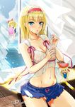  alice_margatroid alternate_costume bendy_straw blonde_hair blue_eyes blush breasts cleavage contemporary cup curtains drinking_straw food grapefruit hairband kojima_saya looking_at_viewer macaron medium_breasts midriff multiple_girls navel no_panties one-piece_swimsuit open_mouth pussy_peek shanghai_doll short_hair short_shorts shorts sitting smile stomach swimsuit touhou translucent window 