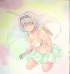  acrylic_paint_(medium) bare_arms bikini_top breasts cleavage folded_leg gradient gradient_background graphite_(medium) green_eyes hair_ribbon highres katana konpaku_youmu konpaku_youmu_(ghost) large_breasts light_smile looking_at_viewer navel ribbon short_hair skirt solo sword touhou traditional_media unsheathed watercolor_(medium) weapon white_hair yuyu_(00365676) 